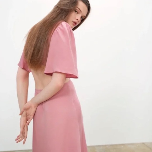 NWT Zara Tie Front Cut-Out Pink Open Back Midi Dress 2298/171/620 - Picture 2 of 9